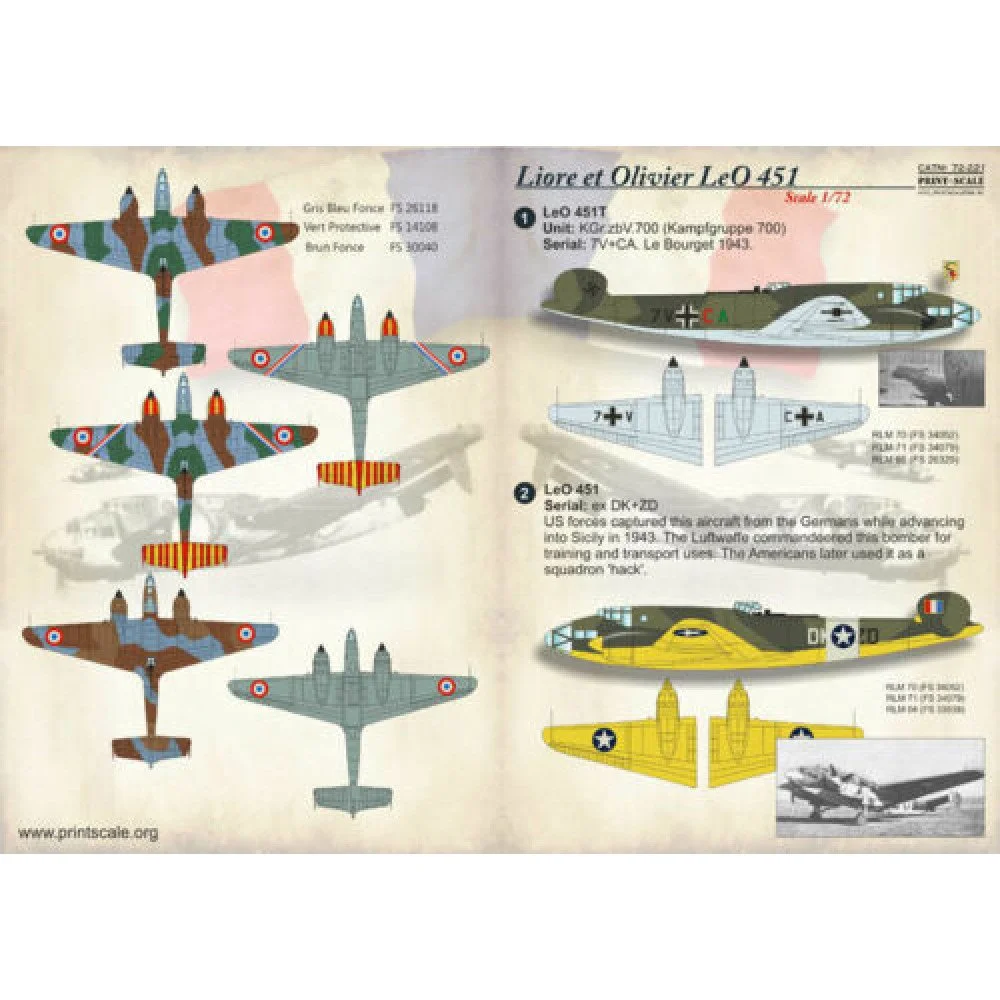 Print Scale 72-221 Decal Liore et Olivier LeO 45 Scale 1:72 for Aircraft Plastic model kit