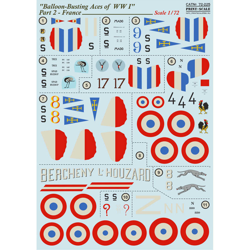 Print Scale 72-225 Decal Balloon-Busting Aces of WW I France Part 2  Scale 1:72 for Aircraft Plastic model kit