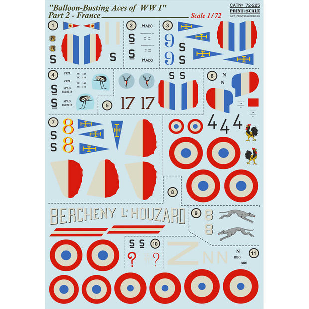 Print Scale 72-225 Decal Balloon-Busting Top Pilots of WW I France Part 2  Scale 1:72 for Aircraft Plastic model kit
