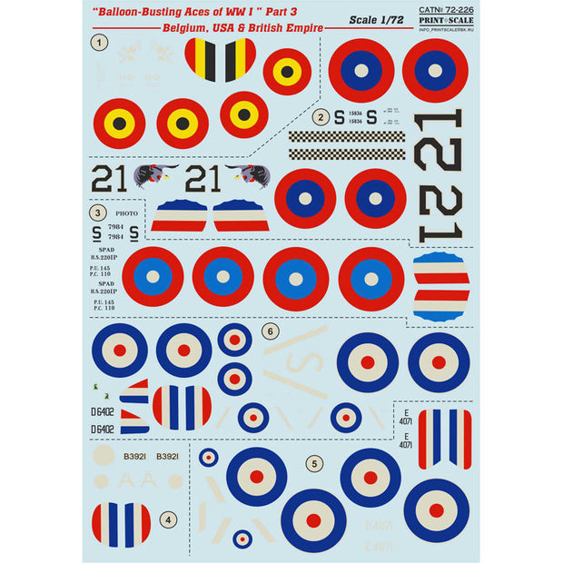 Print Scale 72-226 Decal Balloon-Busting Top Pilots of WW I France Part 3 Scale 1:72 for Aircraft Plastic model kit