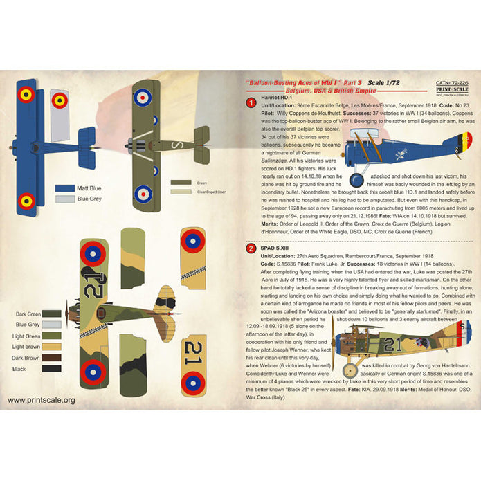 Print Scale 72-226 Decal Balloon-Busting Aces of WW I France Part 3 Scale 1:72 for Aircraft Plastic model kit