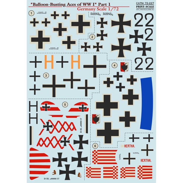Print Scale 72-227 Decal Balloon-Busting Top Pilots of WW I Part 1 Scale 1:72 for Aircraft Plastic model kit