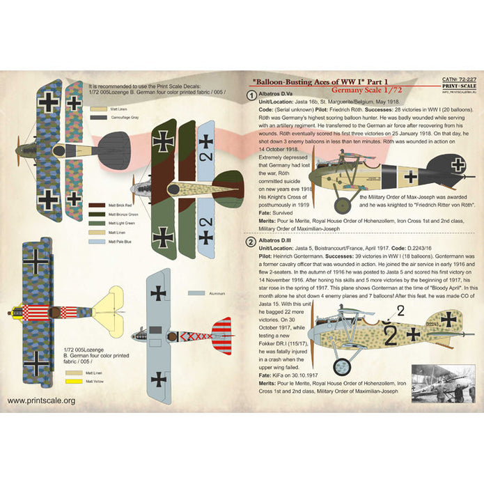 Print Scale 72-227 Decal Balloon-Busting Aces of WW I Part 1 Scale 1:72 for Aircraft Plastic model kit