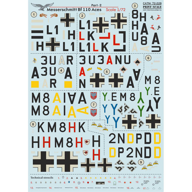 Print Scale 72-228 Decal Messerschmitt Bf 110 Top Pilots Vol Part 2 Scale 1:72 for Aircraft Plastic model kit