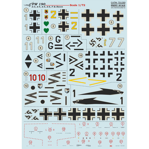 Print Scale 72-230 Decal FW 190 A-3, A-4, A-5, A-6, F & Recon Scale 1:72 for Aircraft Plastic model kit