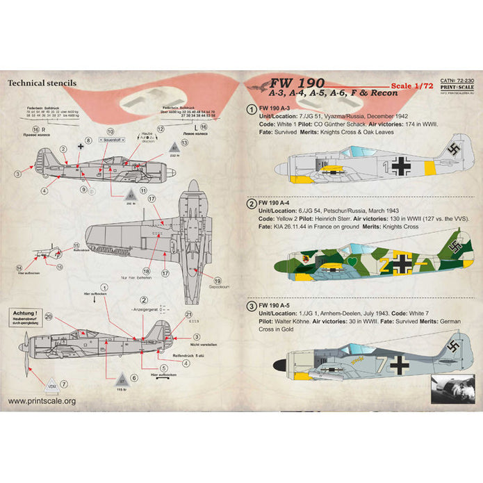 Print Scale 72-230 Decal FW 190 A-3, A-4, A-5, A-6, F & Recon Scale 1:72 for Aircraft Plastic model kit