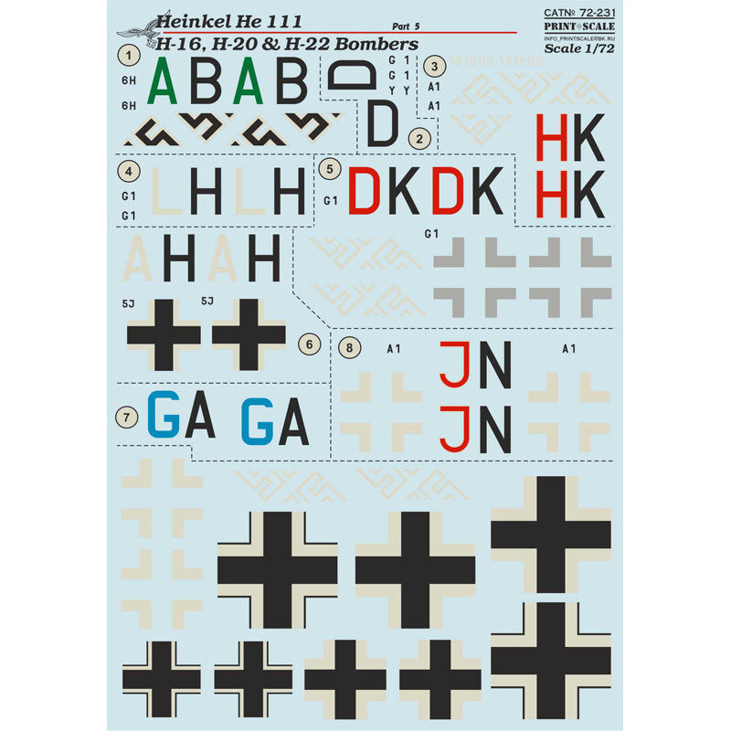 Print Scale 72-231 Decal Heinkel He 111 H-16, H-20 & H-22 Bombers Scale 1:72 for Aircraft Plastic model kit