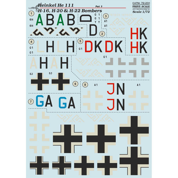 Print Scale 72-231 Decal Heinkel He 111 H-16, H-20 & H-22 Bombers Scale 1:72 for Aircraft Plastic model kit