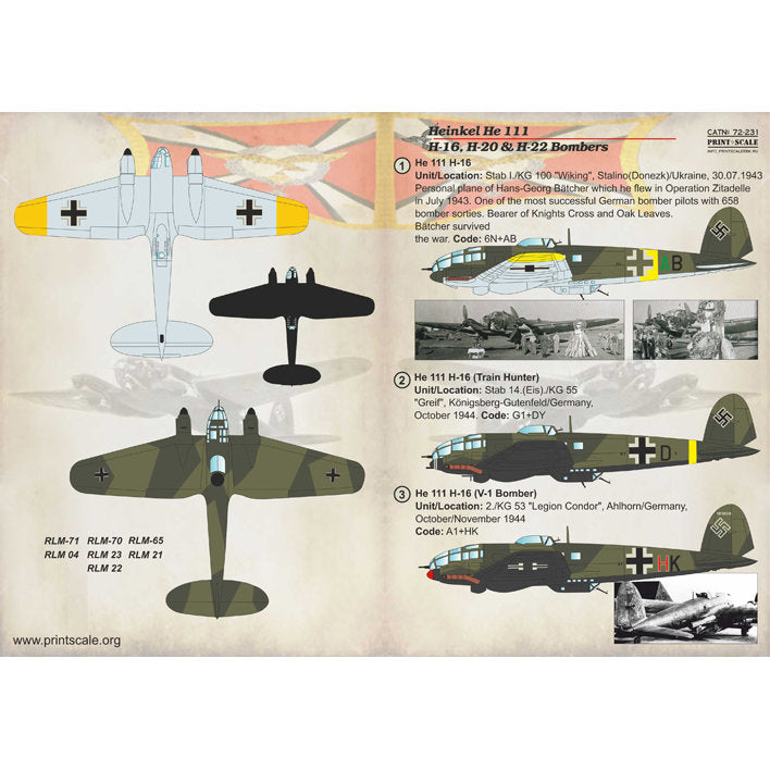 Print Scale 72-231 Decal Heinkel He 111 H-16, H-20 & H-22 Bombers Scale 1:72 for Aircraft Plastic model kit