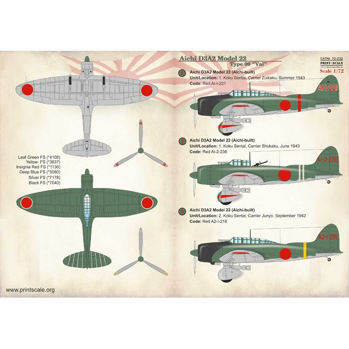 Print Scale 72-232 Decal Aichi D3A Type 99 Scale 1:72 for Aircraft Plastic model kit