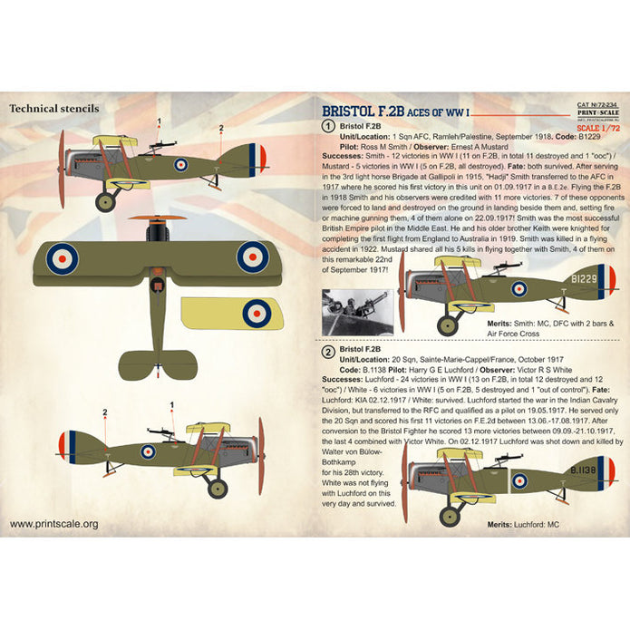 Print Scale 72-234 Decal Bristol F.2B Aces of WW I Scale 1:72 for Aircraft Plastic model kit