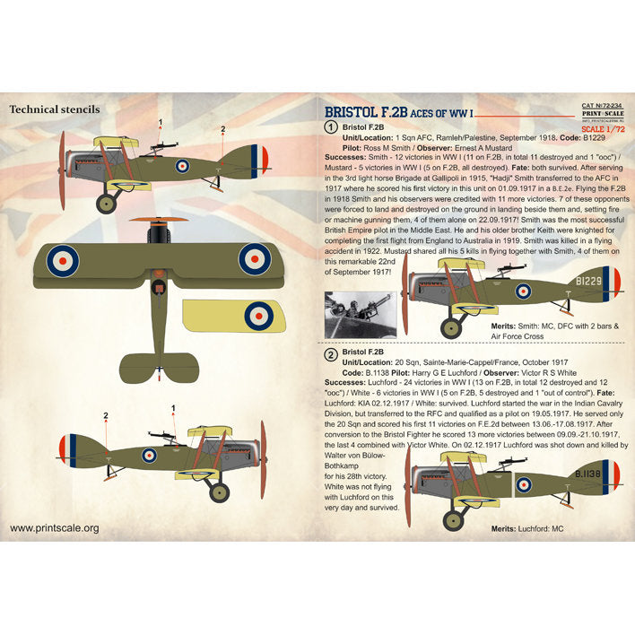 Print Scale 72-234 Decal Bristol F.2B Aces of WW I Scale 1:72 for Aircraft Plastic model kit