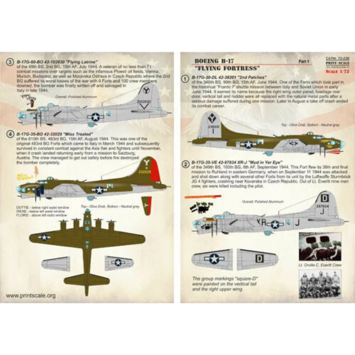 Print Scale 72-236 Decal Boeing B-17 Flying Fortress Part-1 Scale 1:72 for Aircraft Plastic model kit