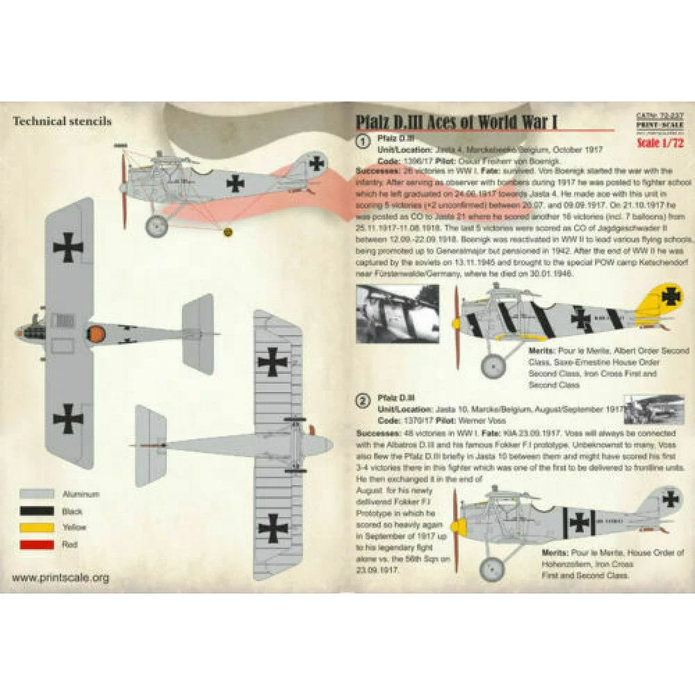 Print Scale 72-237 Decal Pfalz D.III Aces of World War I Scale 1:72 for Aircraft Plastic model kit