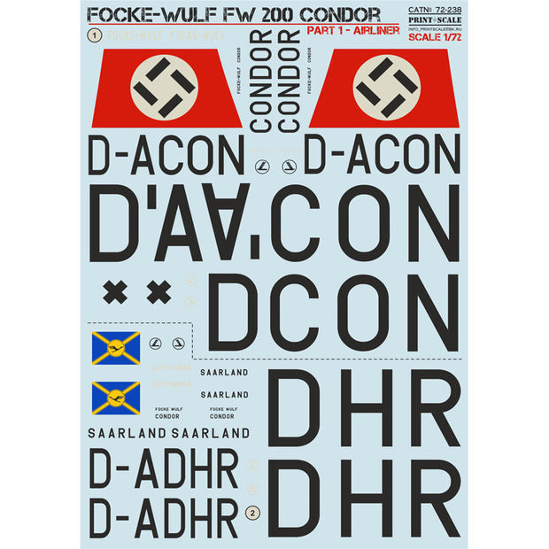 Print Scale 72-238 Decal 1:72 Focke-Wulf FW 200 CONDOR Part 1 In the complete set 3 sheets