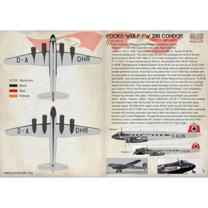 Print Scale 72-238 Decal 1:72 Focke-Wulf FW 200 CONDOR Part 1 In the complete set 3 sheets