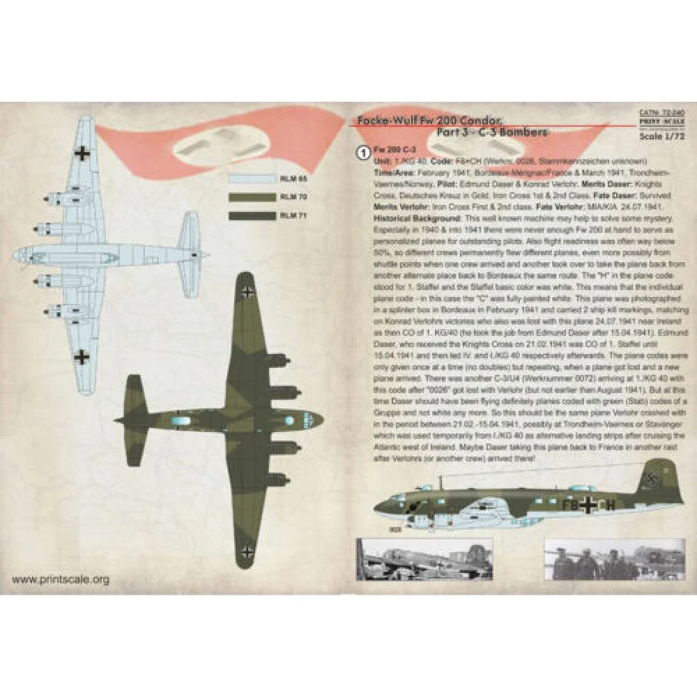 Print Scale 72-240 Decal Focke-Wulf FW 200 CONDOR Part 3 - C3 Bombers Scale 1:72 for Aircraft Plastic model kit