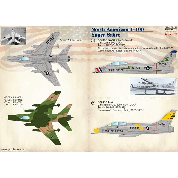 Print Scale 72-241 Decal North American F-100 Super Sabre Scale 1:72 for Aircraft Plastic model kit