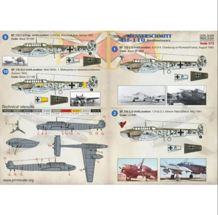Print Scale 72-246 Decal Messerschmitt Bf 110 Reconnaissance Scale 1:72 for Aircraft Plastic model kit