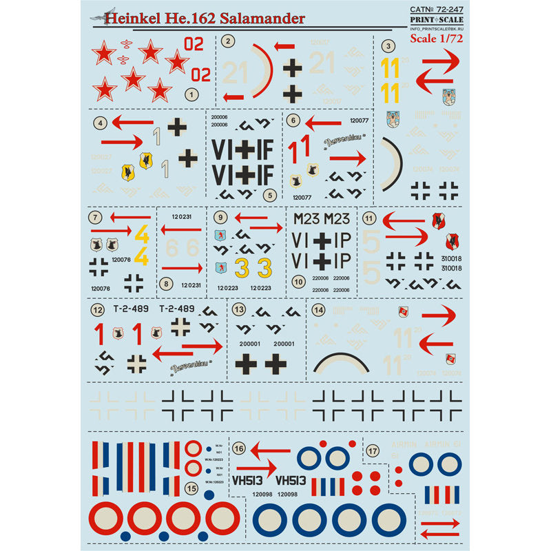 Print Scale 72-247 Decal Heinkel He.162 Salamander Scale 1:72 for Aircraft Plastic model kit