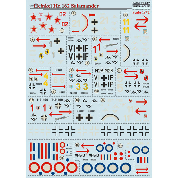 Print Scale 72-247 Decal Heinkel He.162 Salamander Scale 1:72 for Aircraft Plastic model kit