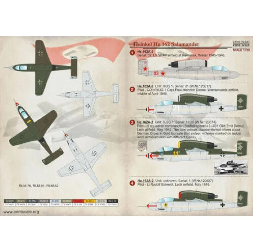 Print Scale 72-247 Decal Heinkel He.162 Salamander Scale 1:72 for Aircraft Plastic model kit