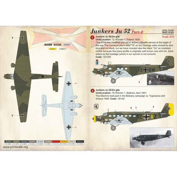 Print Scale 72-248 Decal Junkers JU 52 Part 2 Scale 1:72 for Aircraft Plastic model kit