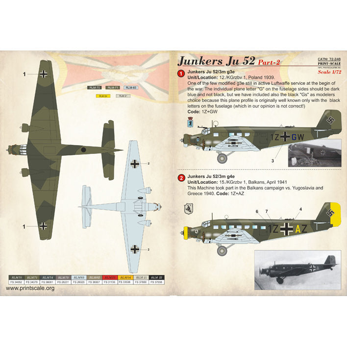 Print Scale 72-248 Decal Junkers JU 52 Part 2 Scale 1:72 for Aircraft Plastic model kit