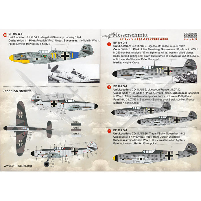 Print Scale 72-249 Decal Messershmit ME-109 G High Altitude Acec Scale 1:72 for Aircraft Plastic model kit