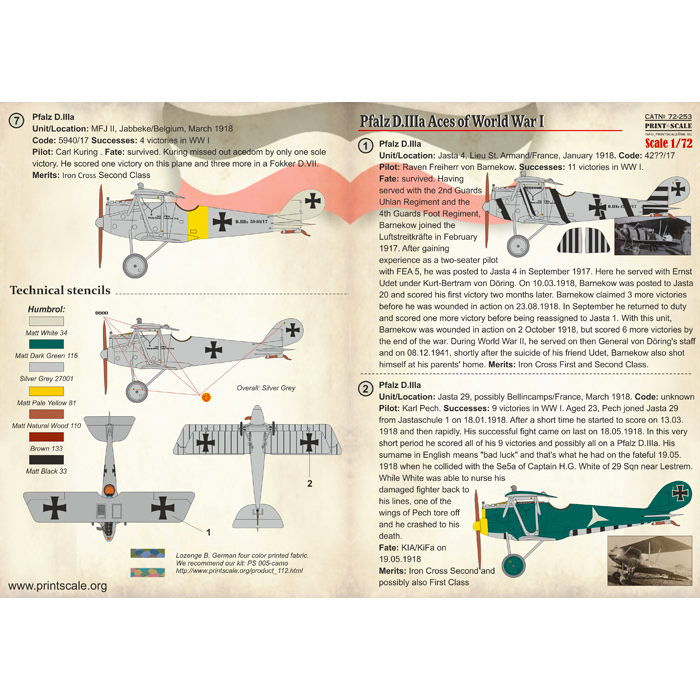 Print Scale 72-253 Decal Pfalz D.IIIa Top Pilots of World War I Scale 1:72 for Aircraft Plastic model kit