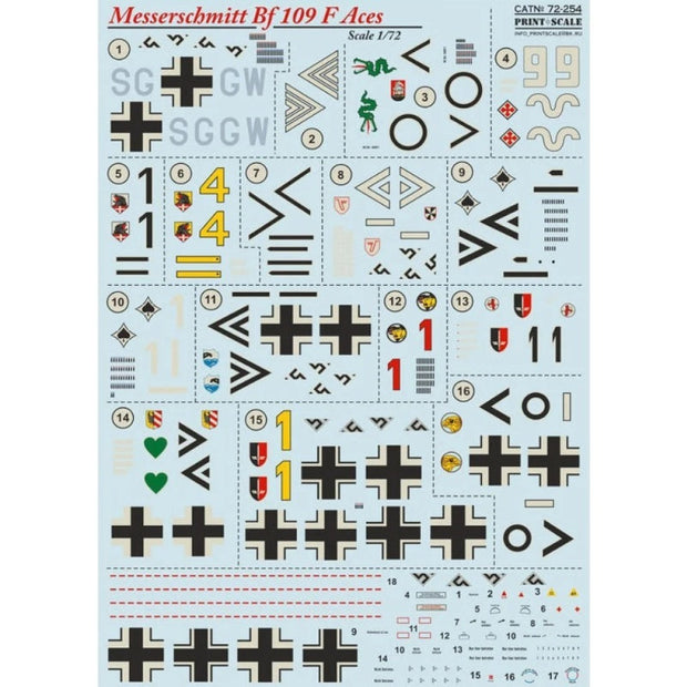 Print Scale 72-254 Decal Messerschmitt Bf.109 F Aces Scale 1:72 for Aircraft Plastic model kit