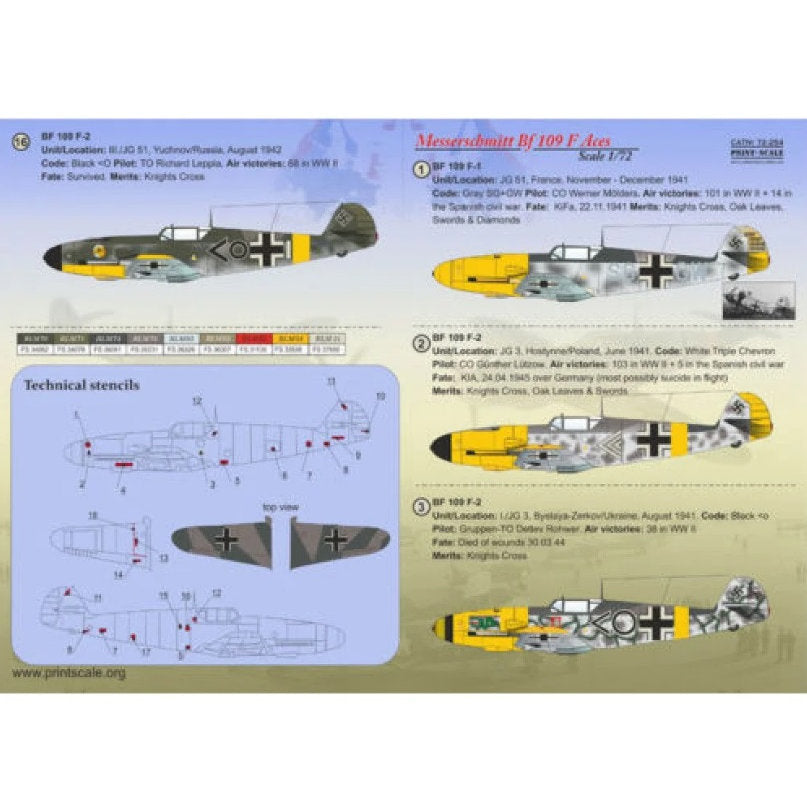 Print Scale 72-254 Decal Messerschmitt Bf.109 F Top Pilots Scale 1:72 for Aircraft Plastic model kit
