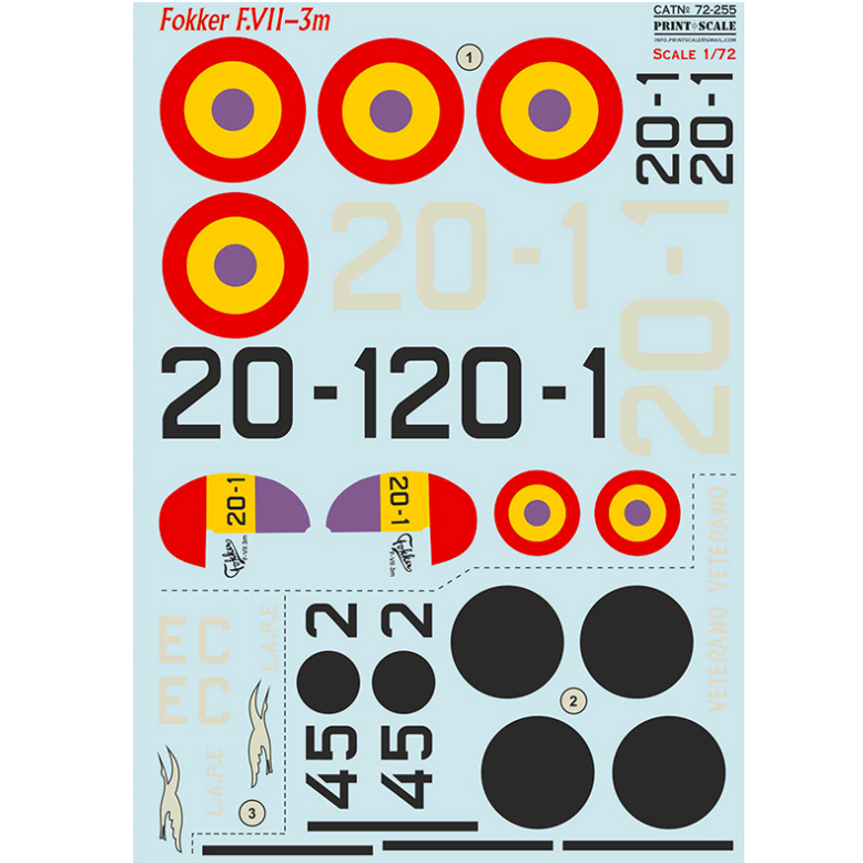 Print Scale 72-255 Decal Fokker F.VII-3m In the complete set 2 sheets Scale 1:72 for Aircraft Plastic model kit