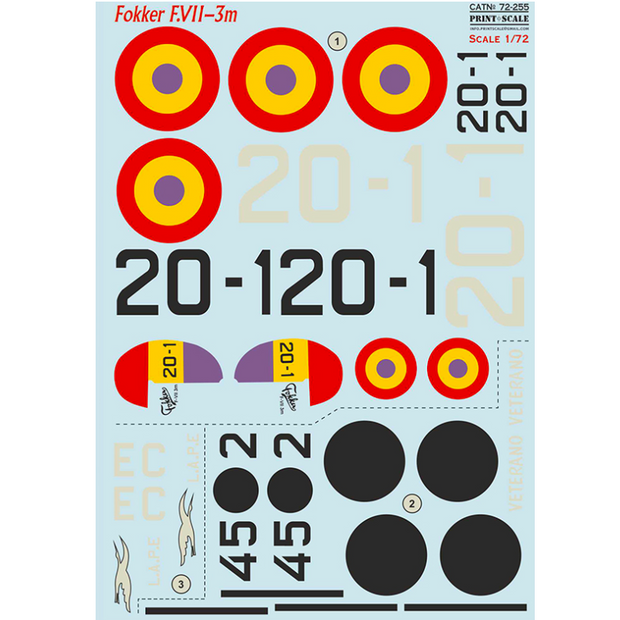 Print Scale 72-255 Decal Fokker F.VII-3m In the complete set 2 sheets Scale 1:72 for Aircraft Plastic model kit
