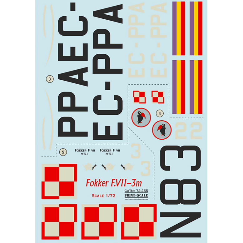 Print Scale 72-255 Decal Fokker F.VII-3m In the complete set 2 sheets Scale 1:72 for Aircraft Plastic model kit