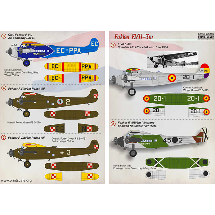 Print Scale 72-255 Decal Fokker F.VII-3m In the complete set 2 sheets Scale 1:72 for Aircraft Plastic model kit