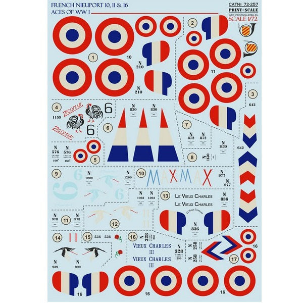 Print Scale 72-257 Decal French Nieuport 10,11,16 Top Pilots of WW1 Scale 1:72 for Aircraft Plastic model kit