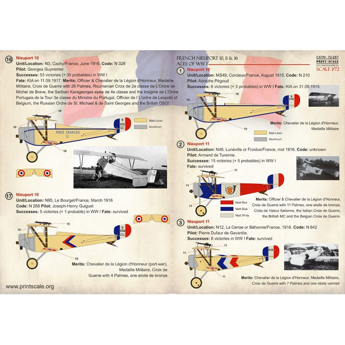 Print Scale 72-257 Decal French Nieuport 10,11,16 Aces of WW1 Scale 1:72 for Aircraft Plastic model kit