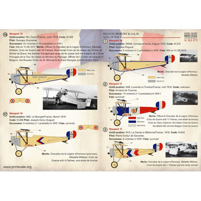 Print Scale 72-257 Decal French Nieuport 10,11,16 Top Pilots of WW1 Scale 1:72 for Aircraft Plastic model kit