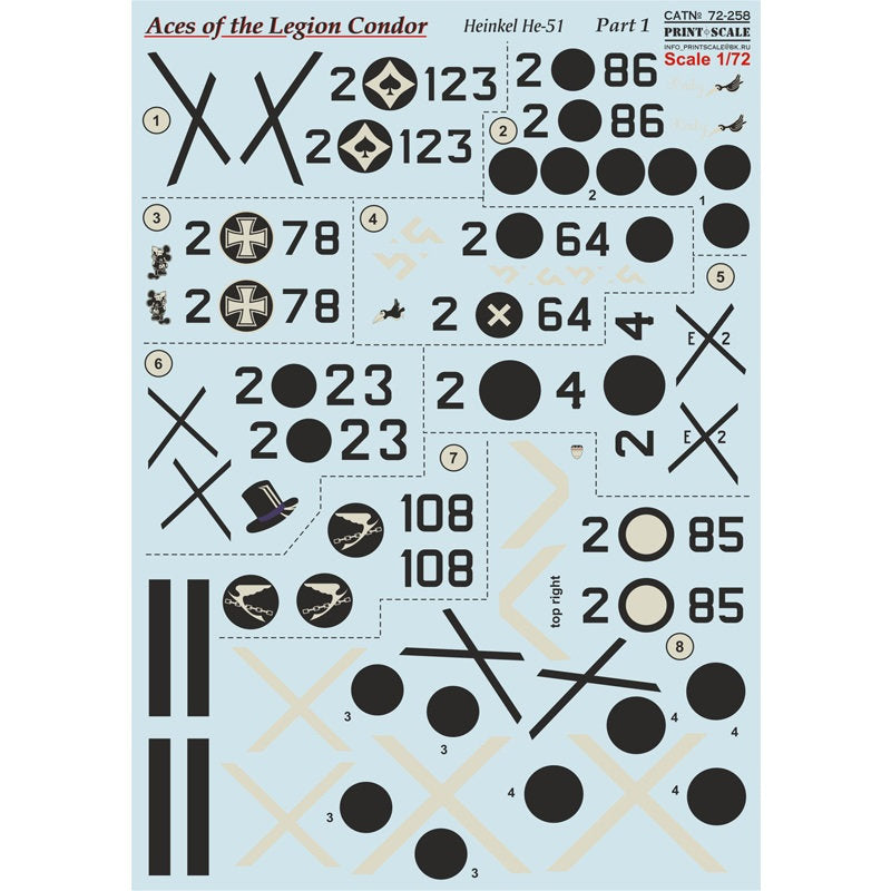 Print Scale 72-258 Decal Aces of Legion Condor Part 1 He-51 Scale 1:72 for Aircraft Plastic model kit