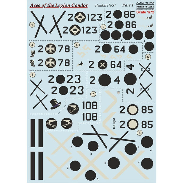 Print Scale 72-258 Decal Aces of Legion Condor Part 1 He-51 Scale 1:72 for Aircraft Plastic model kit