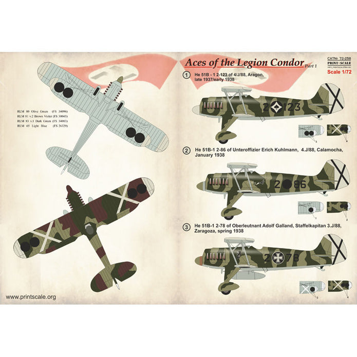 Print Scale 72-258 Decal Aces of Legion Condor Part 1 He-51 Scale 1:72 for Aircraft Plastic model kit