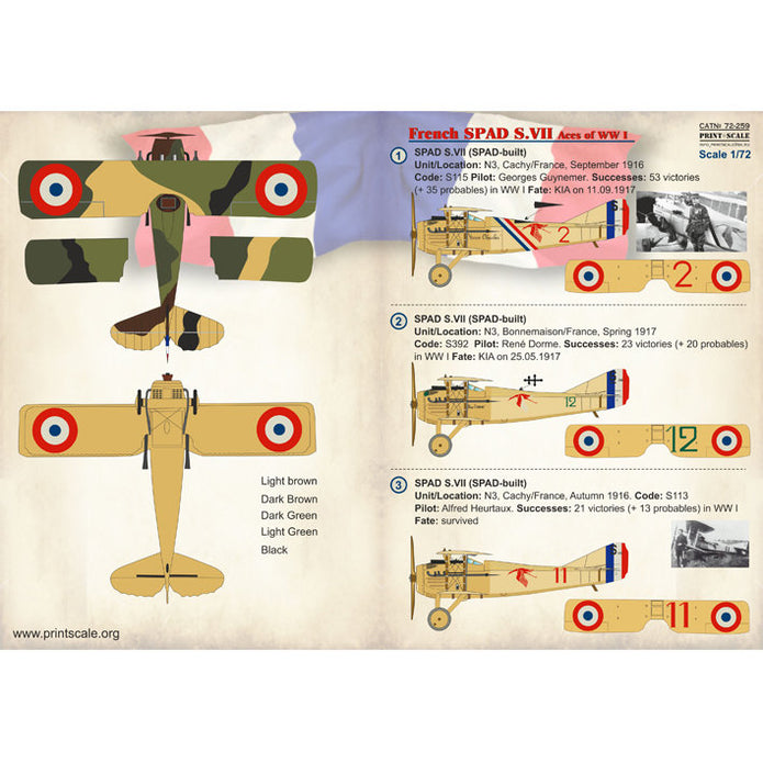 Print Scale 72-259 Decal French SPAD S.VII Scale 1:72 for Aircraft Plastic model kit