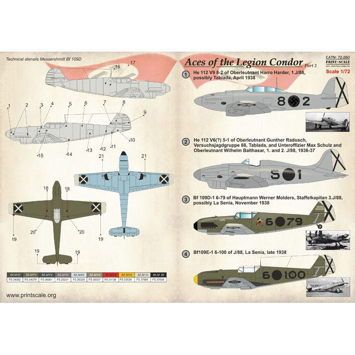 Print Scale 72-260 Decal Top Pilots of Legion Condor Part 2 Scale 1:72 for Aircraft Plastic model kit
