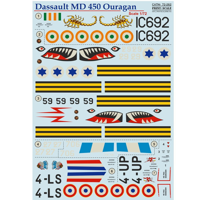 Print Scale 72-262 Decal Dassault MD 450 Ouragan Scale 1:72 for Aircraft Plastic model kit