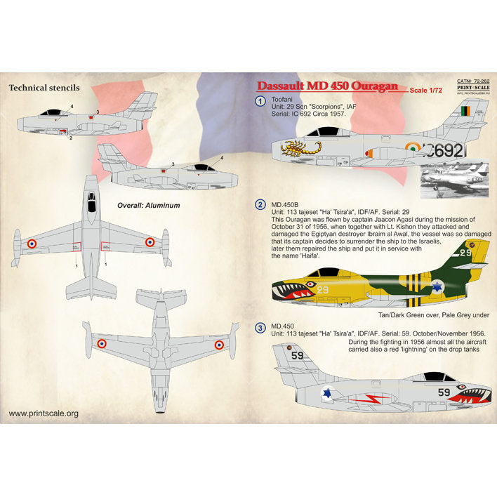 Print Scale 72-262 Decal Dassault MD 450 Ouragan Scale 1:72 for Aircraft Plastic model kit