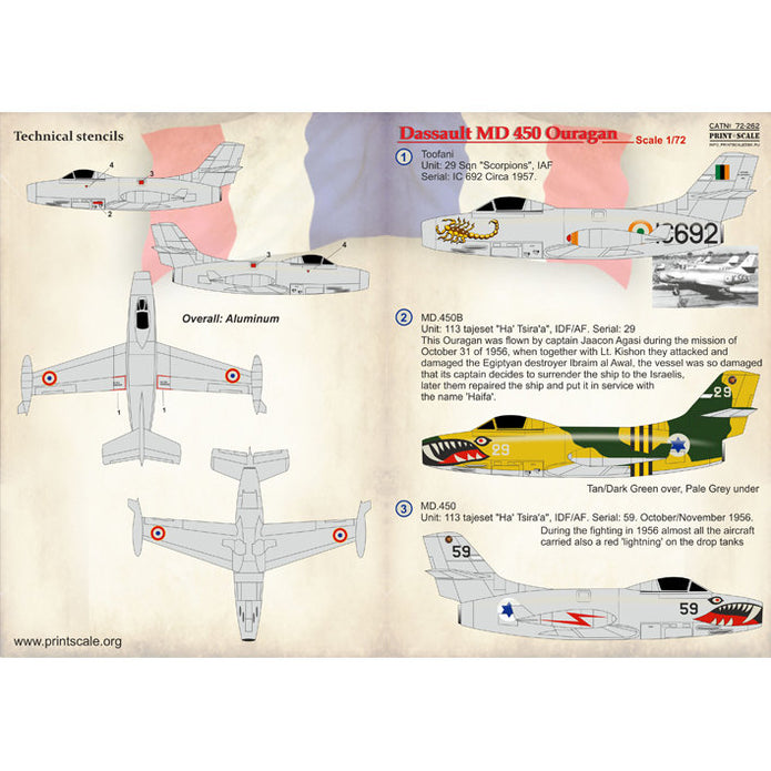 Print Scale 72-262 Decal Dassault MD 450 Ouragan Scale 1:72 for Aircraft Plastic model kit