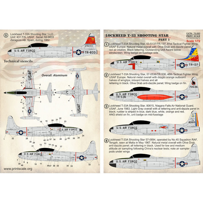 Print Scale 72-263 Decal Lockheed T-33A Shooting Star Part 1 Scale 1:72 for Aircraft Plastic model kit