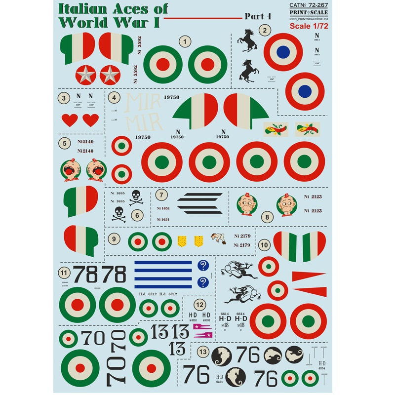 Print Scale 72-267 Decal Italian Top Pilots of WW I, Part 1 Nieuport Scale 1:72 for Aircraft Plastic model kit