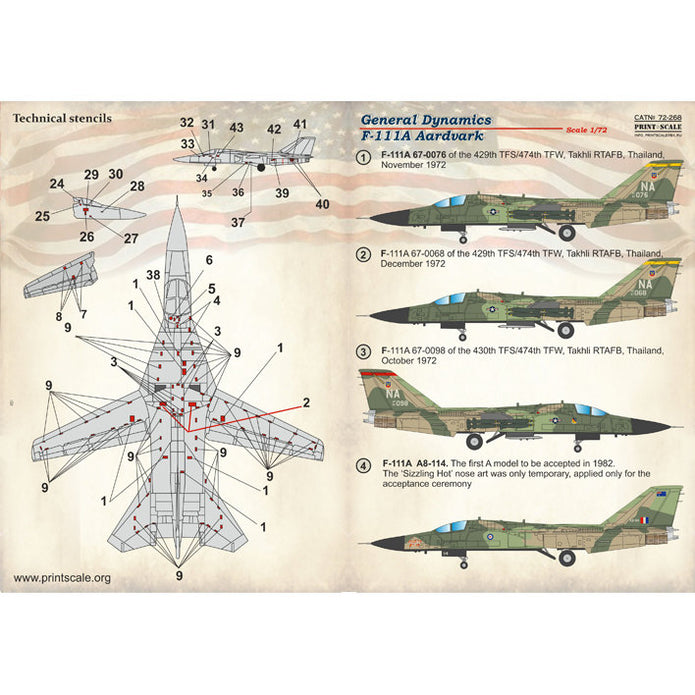 Print Scale 72-268 Decal General Dynamics F-111 Aardvark Scale 1:72 for Aircraft Plastic model kit